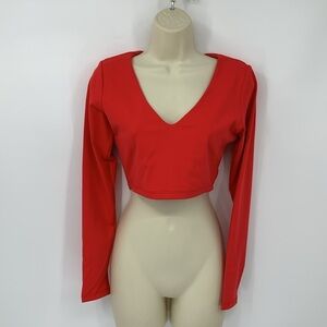 Susana Monaco Very V crop top shirt blouse Morello red stretch jersey knit new M